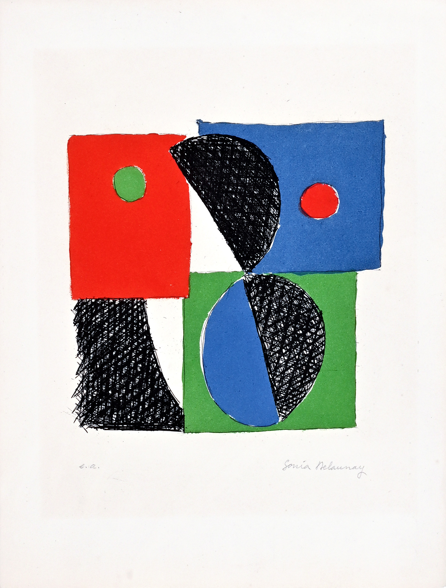 Sonia Delaunay, 2 Blätter: Blatt aus "Juste présent" (Le Coin des Arts) sowie  Vorstudie für dieses Blatt