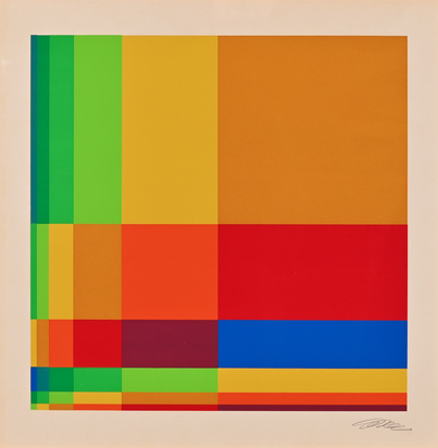 Sechs horizontale systematische Farbreihen mit cadmiumgelben Quadrat rechts oben