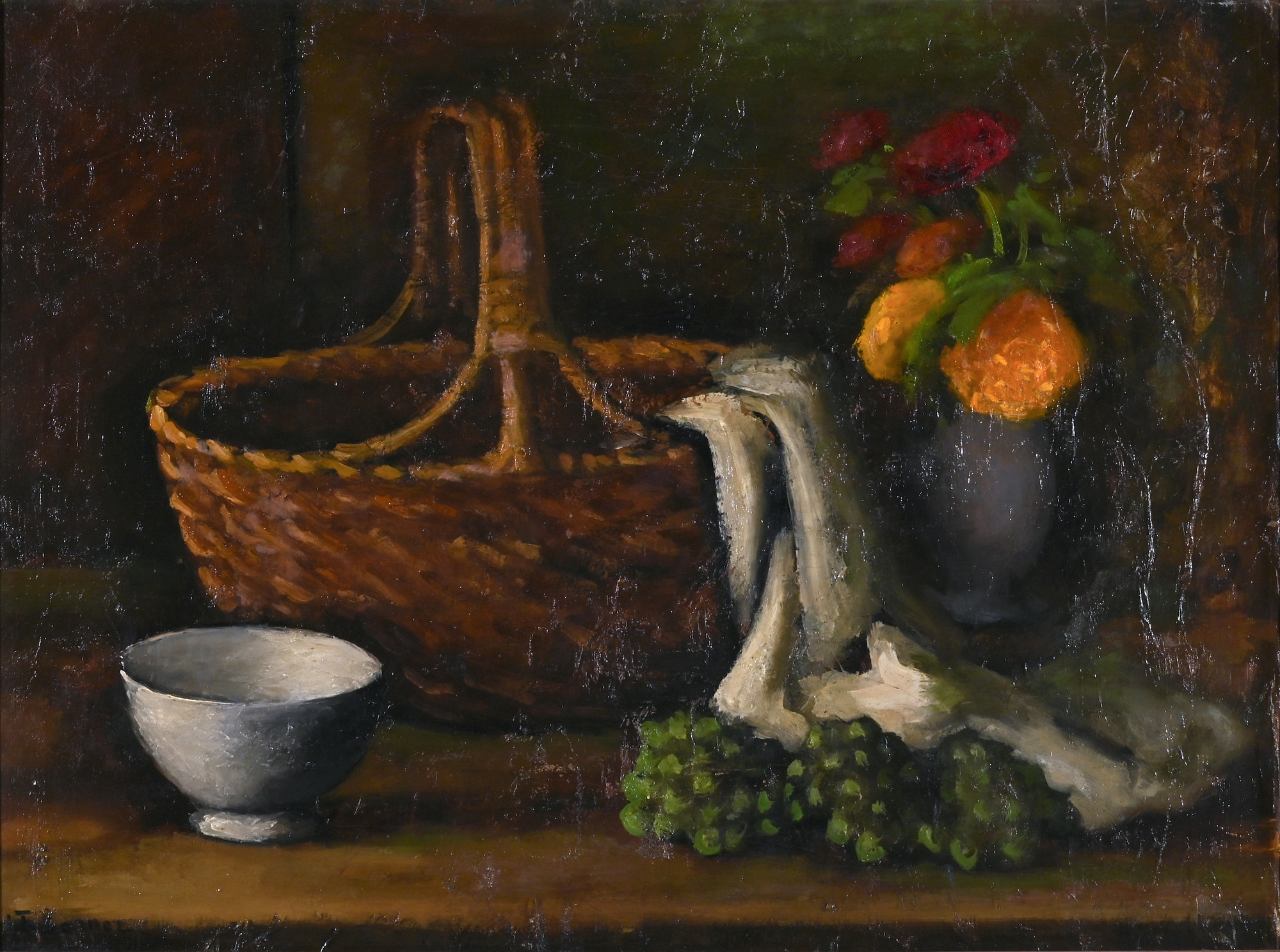 Johann Wilhelm von Tscharner, Stillleben mit Korb, Trauben und Blumen