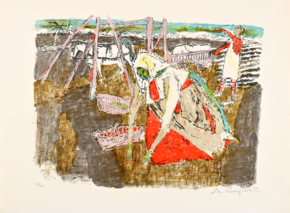 4 Blätter: Bei der Ernte, 1964; Der Hornschlitten, 1964;  Clown und Falke, 1962; Ohne Titel, 1962