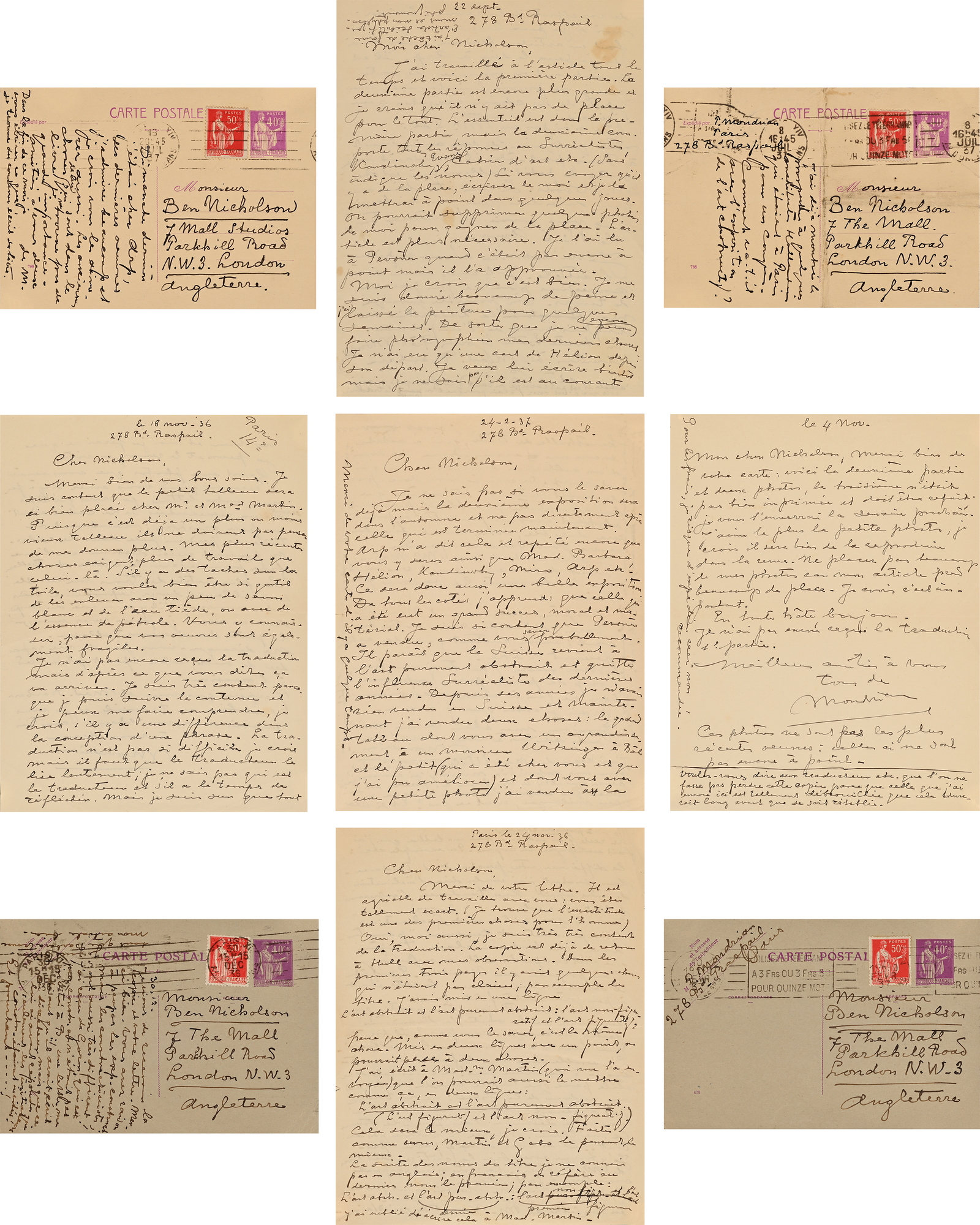 Piet Mondrian, 5 letters and 4 cards to Ben Nicholson