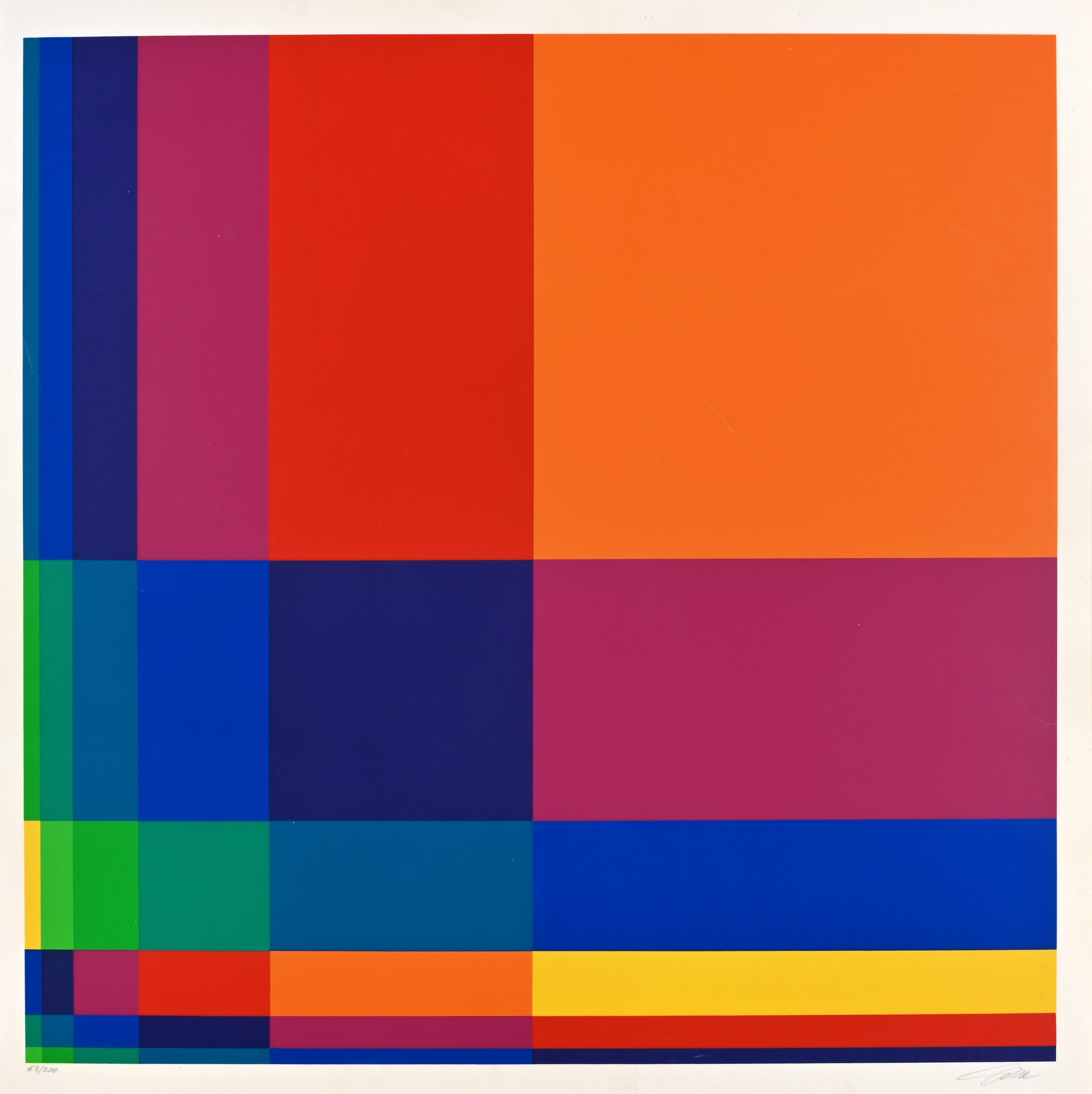 Richard Paul Lohse, 6 vertikale systemische Farbstreifen mit orangem Quadrat oben rechts