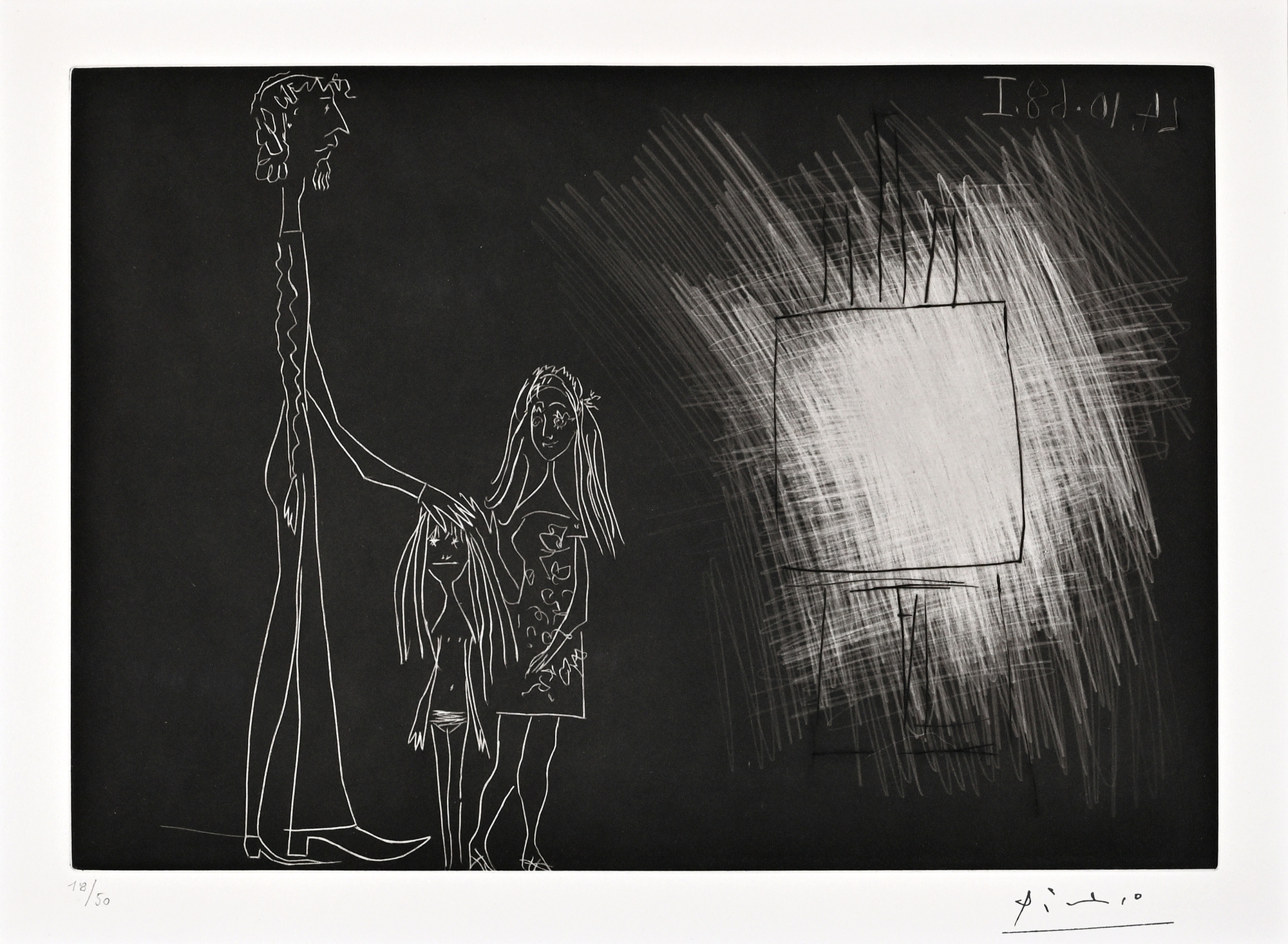 Pablo Picasso, Piero Crommelynck avec sa femme et sa fille dans l’atelier