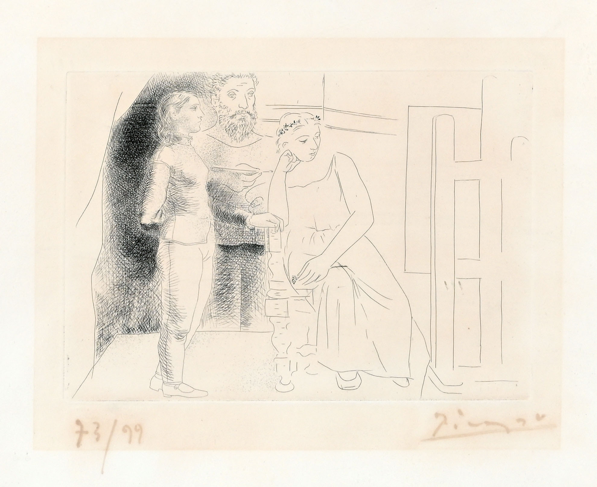 Pablo Picasso, Peintre avec deux modèles regardant une toile