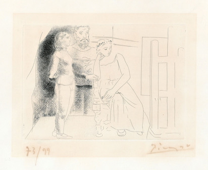 Peintre avec deux modèles regardant une toile